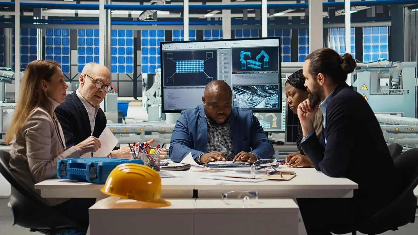 Fabrikingenieure begutachten Entwürfe von Montagelinien und arbeiten daran, den Ausstoß zu erhöhen.