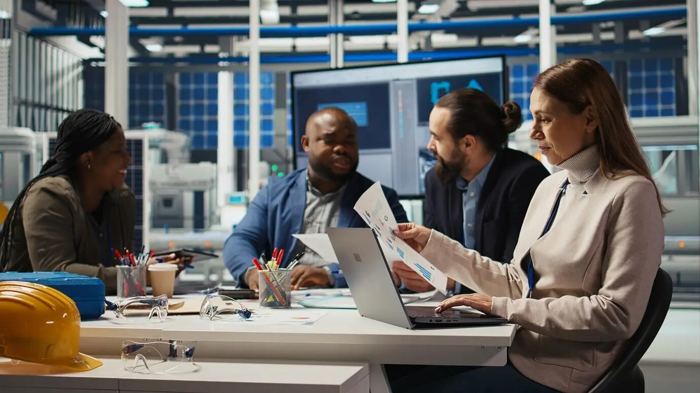 Forschende in einer Industrieanlage arbeiten mithilfe eines Laptops an Durchbrüchen.